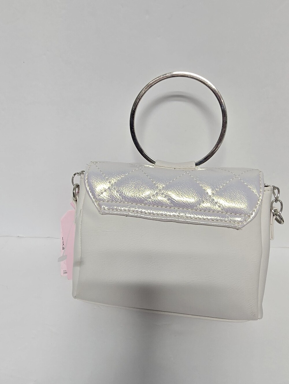 NWT OMG Accessories White Pearlescent Sequin Bow Bling Ring Handle Crossbod Bag - Picture 13 of 13